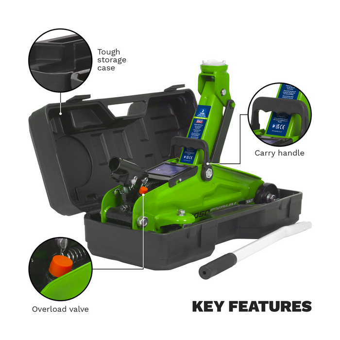 Short Chassis Trolley Jack With Storage Case 2 Tonne - Hi-Vis Green | Sealey