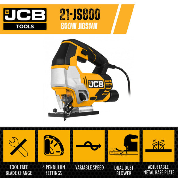 800W Electric Corded Jigsaw, 0-45 Degree Cutting Positions, 230V | JCB