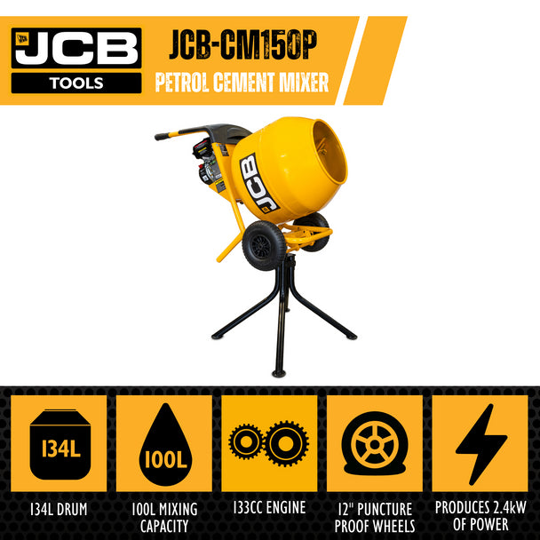 Petrol 133cc 134L Seam Welded Cement Mixer 100L Working Capacity | JCB