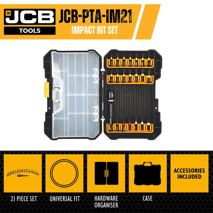 21 Piece Impact Drill Bit Set, Steel, Universal Fit, Phillips, Pozi & Torx, Adapter & Quick Lock Function | JCB