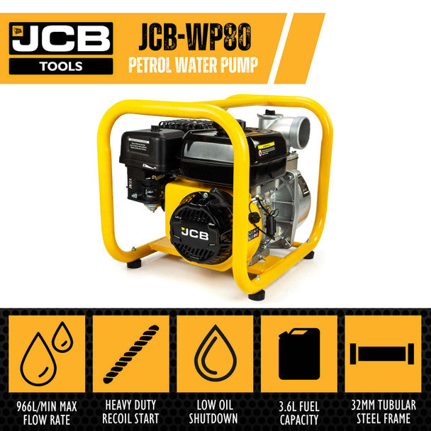 Professional Petrol Water Pump 966L p/Min, 7.5hp 224cc 4-Stroke (80mm / 3") | JCB