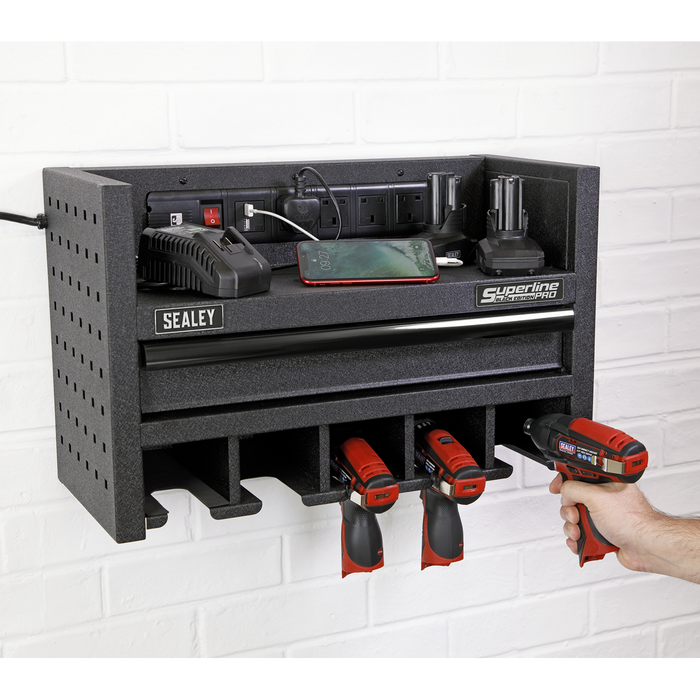 Power Tool Storage Rack With Drawer & Power Strip | Sealey