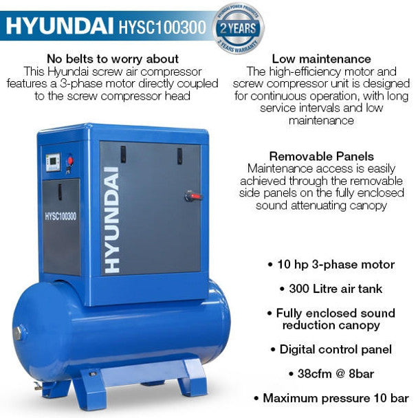 10hp 300L Heavy Duty Industrial Screw Air Compressor, 400V, Quiet Running | Hyundai