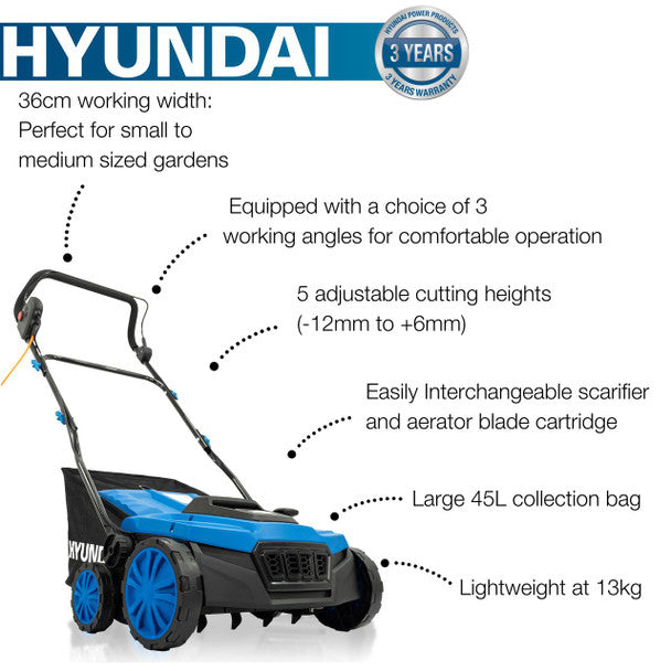 1600W Electric Lawn Scarifier & Aerator With 45L Collection Bag | Hyundai