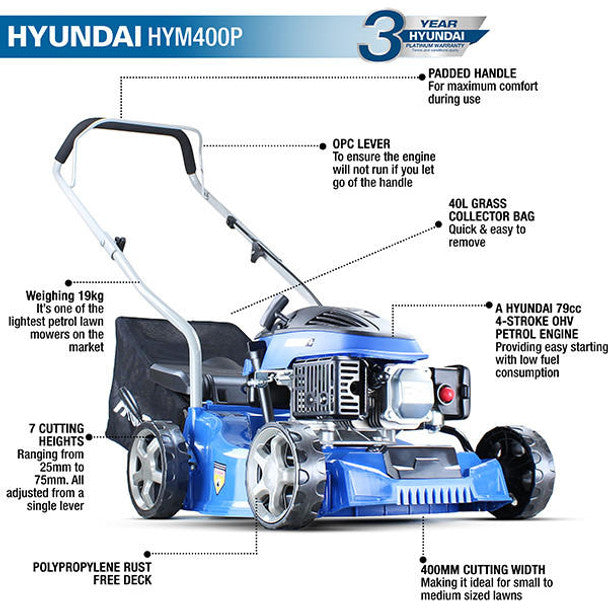 79cc Petrol Lawnmower, 25-75mm Cuts, 45L Grass Catcher, Rear Discharge (16" / 40cm) | Hyundai