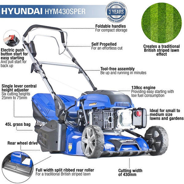 139cc Electric-Start Self-Propelled Petrol Roller Lawnmower, 25-75mm, Rear Discharge (17" / 43cm) | Hyundai