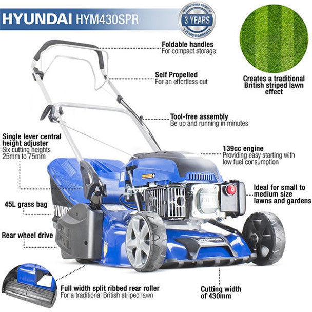 139cc Self-Propelled Petrol Roller Lawnmower, 25-75mm Cuts, Rear Discharge (17" / 43cm) | Hyundai