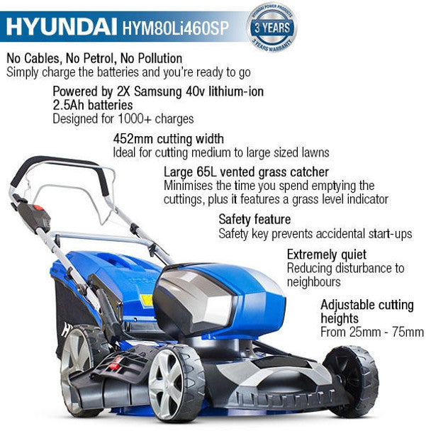 80V Cordless Self Propelled Lawnmower, 2x Batteries & Charger Included, Li-Ion Battery Powered (18" / 45cm) | Hyundai