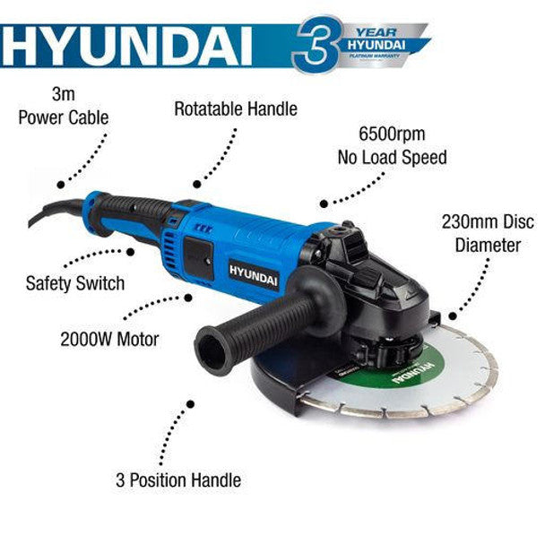 2000W Electric Angle Grinder 230mm / 9" Disk, Quick Release, 220-240V | Hyundai