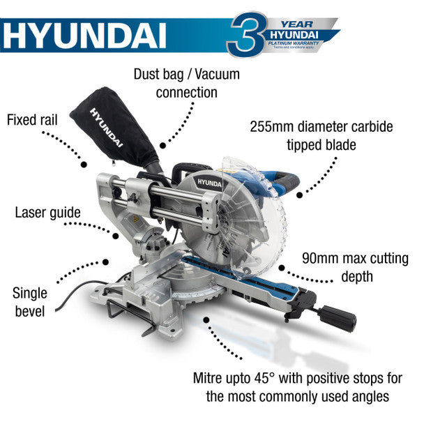 2000W Electric Mitre Saw / Chop Saw With 255mm Blade, 230V | Hyundai