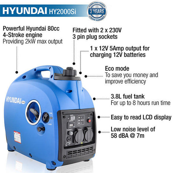 2000W / 2kW Petrol Inverter Generator, Pure Sine Wave Output, Portable Lightweight & Suitcase Style, Low Noise | Hyundai