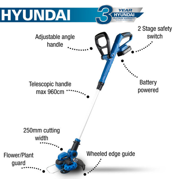 20V Cordless Grass Trimmer, 2Ah Li-Ion Battery Powdered (25cm Cutting Width) | Hyundai