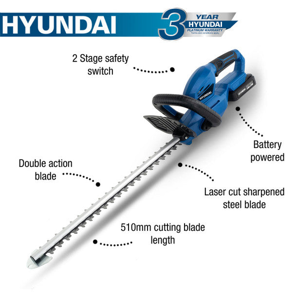 20V MAX 510mm Cordless Hedge Trimmer 2Ah Li-Ion Battery Powered | Hyundai