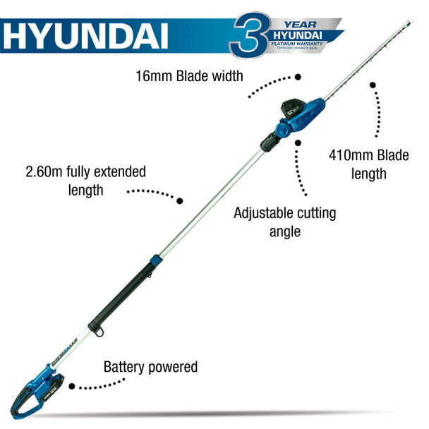 20V 410mm Cordless Long Reach Pole Hedge Trimmer 2Ah Li-Ion Battery | Hyundai