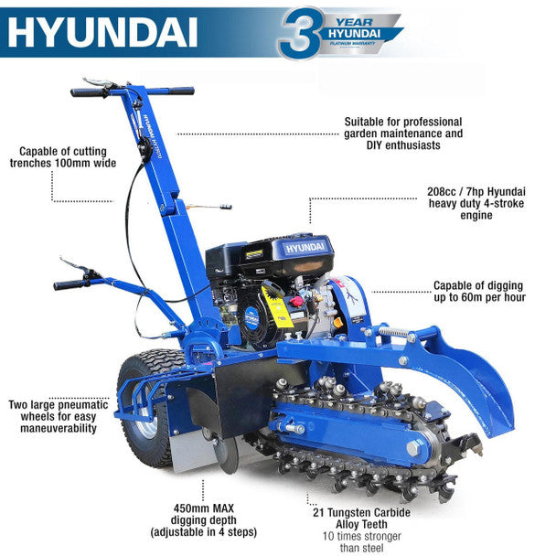 210cc 7HP Petrol Trencher, Recoil Start, 450mm Depth | Hyundai