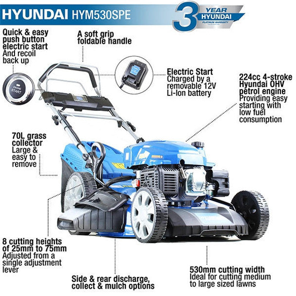 224cc 4-in-1 Electric-Start Self-Propelled Petrol Lawnmower, Mulch, Rear & Side Discharge, Hose Connector (21" / 53cm) | Hyundai