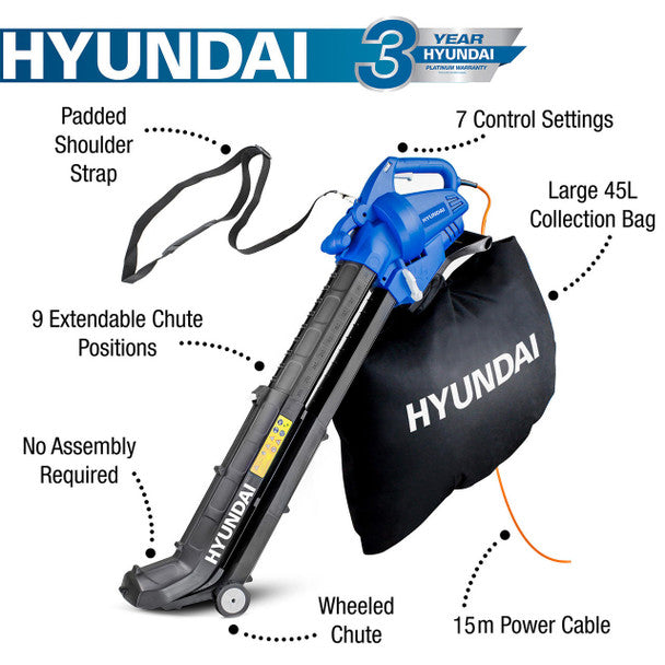 3-In-1 Leaf Blower Vacuum Mulcher 3000W / 45L Collection Bag, 15M Cable | Hyundai