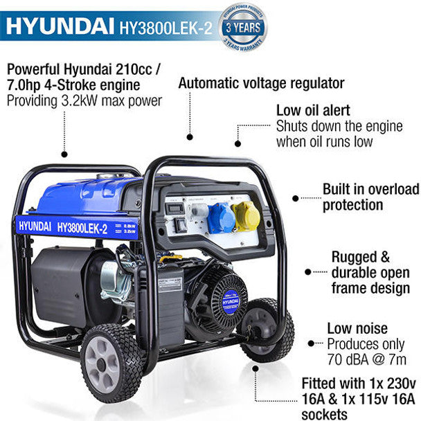 3.2kW / 4kVA Petrol Site Open Generator With Electric, Recoil Start & Wheel Kit | Hyundai