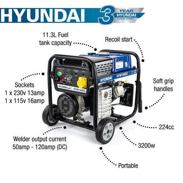 3.2kW / 4kVa Petrol Welder Generator, 120 Amp DC Welder | Hyundai