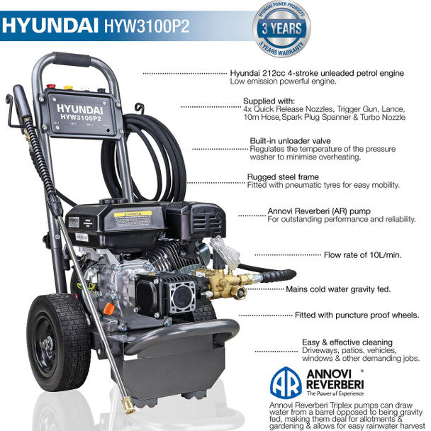 3100psi Petrol Pressure Washer, 213bar, 10L/Min 212cc Engine, Annovi Reverberi (AR) Pump | Hyundai