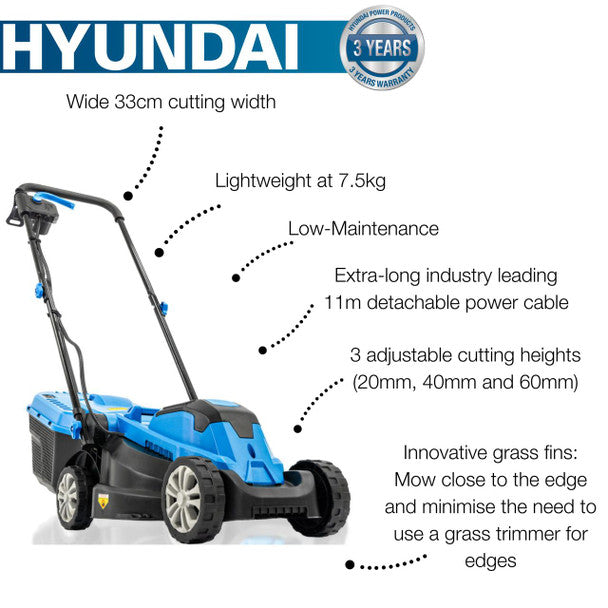 1300W Electric Lawn Mower, 11M Detachable Power Cable, 3 Heights & 30L Collection Bag | Hyundai