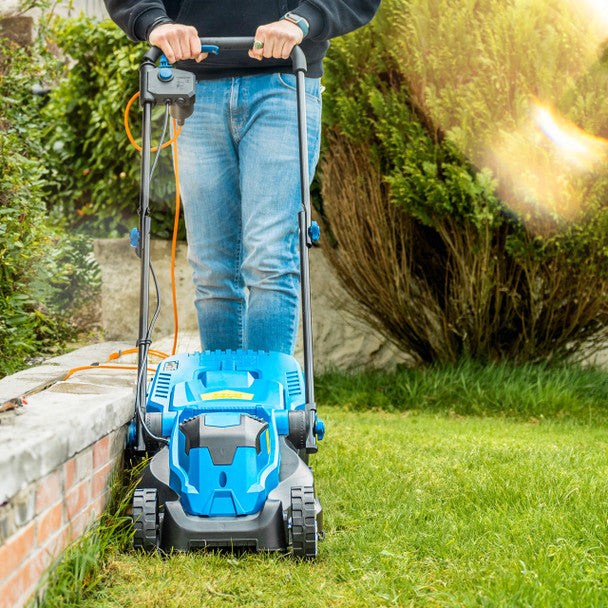 1300W Electric Lawn Mower, 11M Detachable Power Cable, 3 Heights & 30L Collection Bag | Hyundai