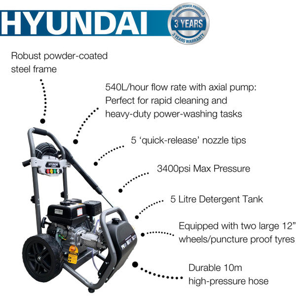 3400Psi / 234 Bar 209cc Petrol Pressure Washer, 9L/Min, 10M Hose & Detergent Tank | Hyundai