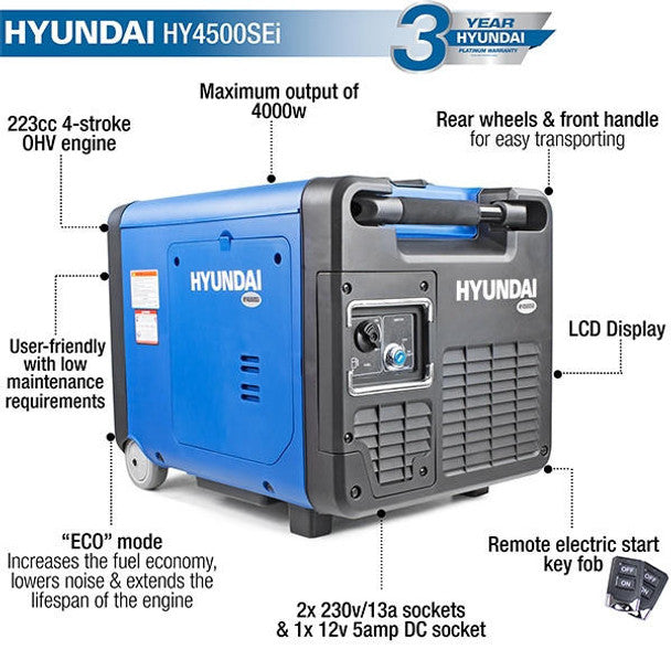 4000W / 4kW Portable Petrol Inverter Generator, Remote Keyfob & Electric Start, Wheel Kit & Closed Case Design | Hyundai