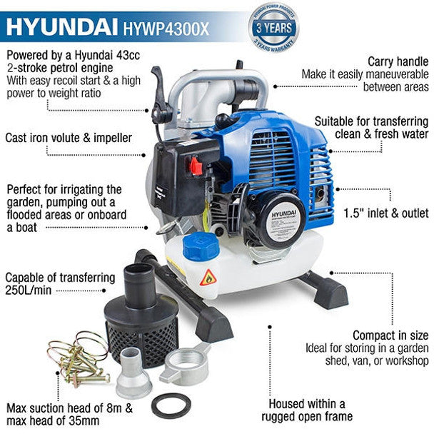 35MM / 1.5" Petrol Clean Water Pump, 35M Total Head, 8M Lift, 250L/Min Flow Rate, Lightweight | Hyundai