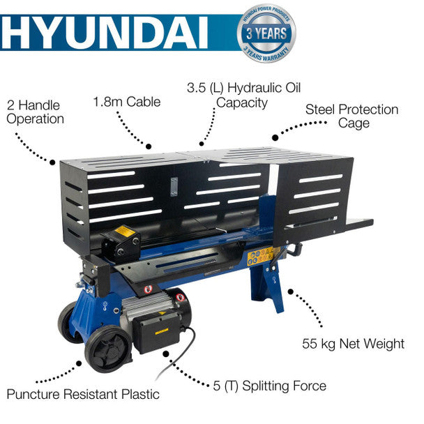 5 Tonne Horizontal Electric Log Splitter With Hydraulic Ram & Steel Protection Cage (520mm) | Hyundai