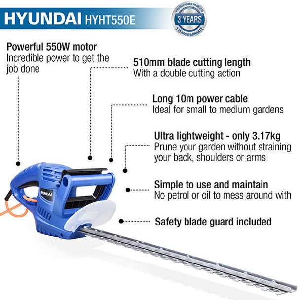 550W 510mm Corded Electric Hedge Trimmer Pruner | Hyundai