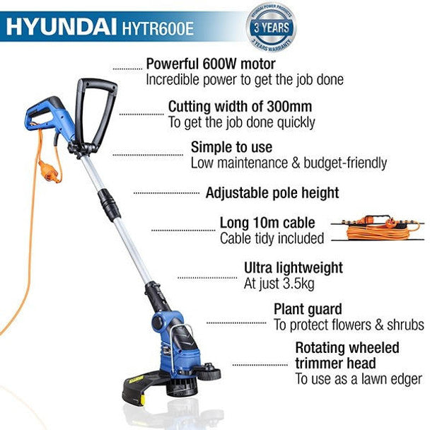 600W Corded Electric Grass Trimmer (30cm Cutting Width) | Hyundai