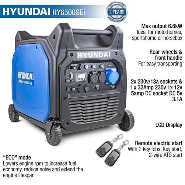 6600W / 6.6kW Petrol Inverter Generator, Remote Keyfob & Electric Start, Wheels & Closed Case Design, DC & USB | Hyundai