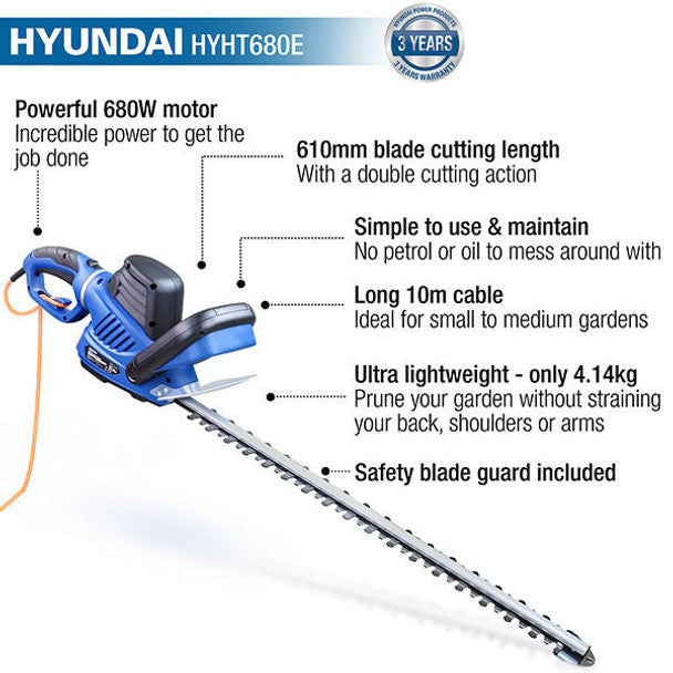 680W 610mm Electric Hedge Trimmer Pruner | Hyundai