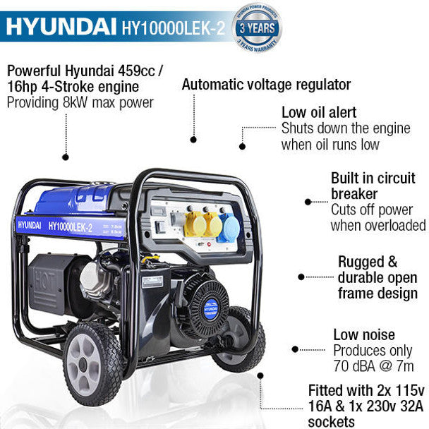 8kW / 10kVA Petrol Open Frame Site Generator, Recoil & Electric Start | Hyundai