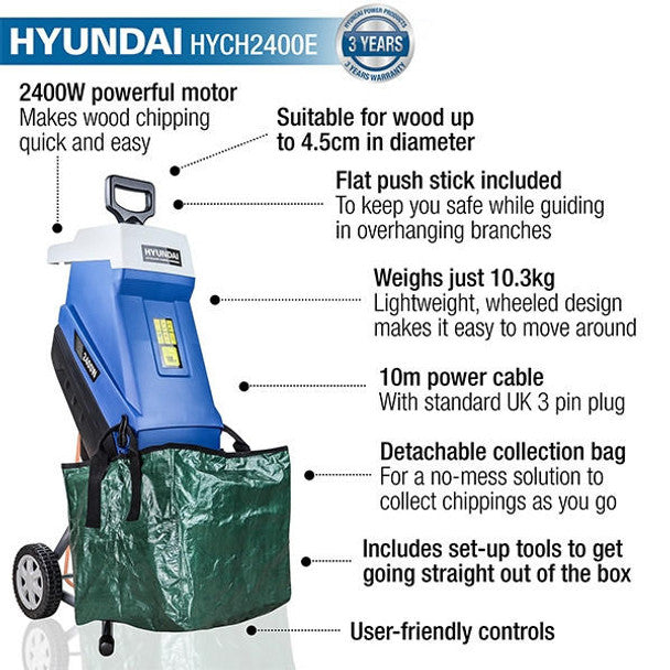 2400W Electric Garden Shredder 2.4kW 230V 45L Collector | Hyundai