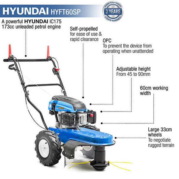 173cc Petrol Self Propelled Wheeled Field Grass Trimmer, Heavy Duty 60cm Cutting Width | Hyundai