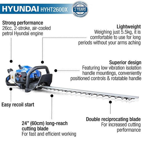 26cc 600mm Petrol Hedge Trimmer Cutter, Easy-Start & Lightweight 2-Stroke | Hyundai