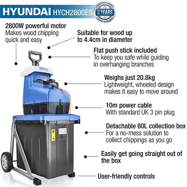 2800W Quiet Electric Garden Shredder 2.8kW 230V 60L Collector | Hyundai